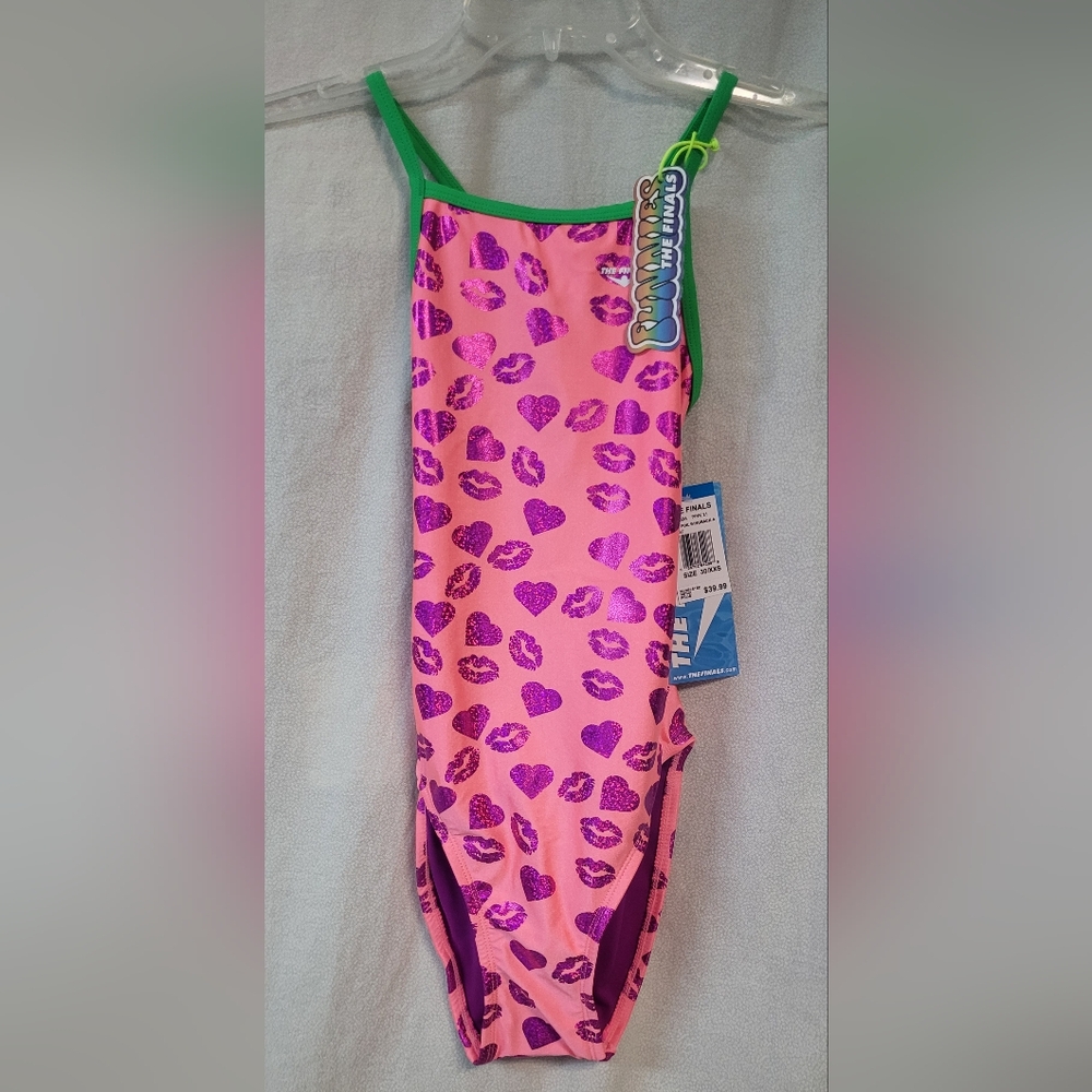 New! Womens XXS Sz 30 The Finals kiss hearts pink foil Flyback Onepiece swimsuit